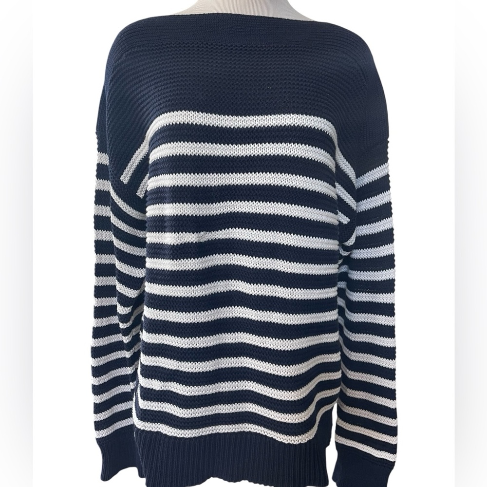 LAUREN RALPH LAUREN‎ Navy Blue White Stripe Boatneck Pullover Sweater Size XL